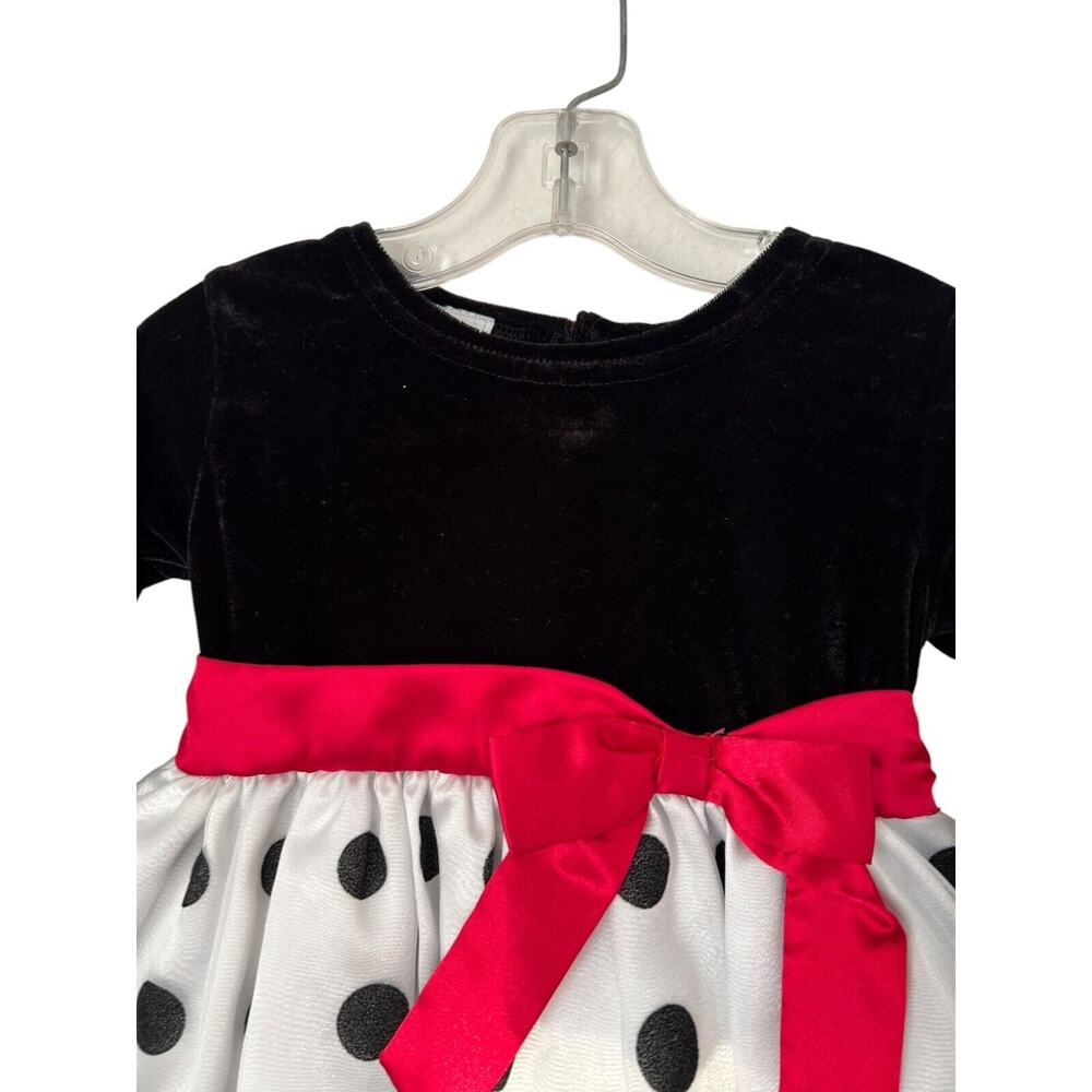 Wonder Kids Dress Girls Size 3T Soft Black White Velvet Polka Dot Red Bow - Picture 2 of 10